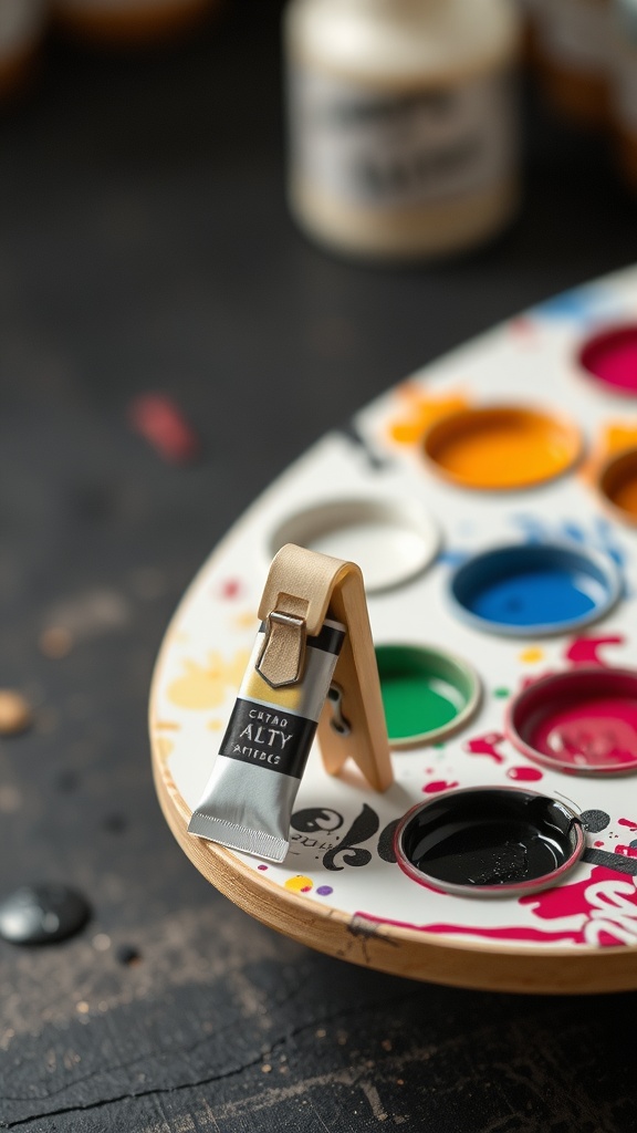 A clothespin holding a paint tube on a colorful palette