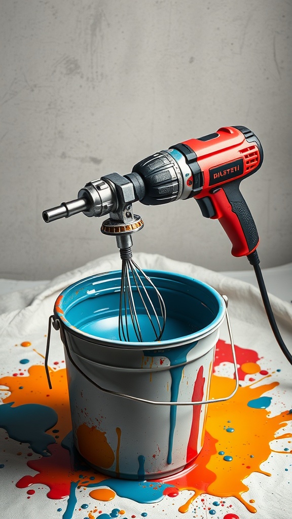 A drill with a whisk attachment mixing paint in a bucket, with colorful splashes around.