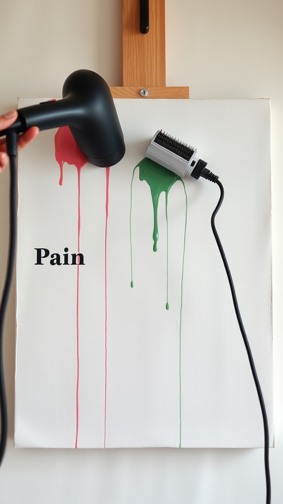 A hairdryer aimed at a canvas with paint drips, illustrating a painting tool hack.