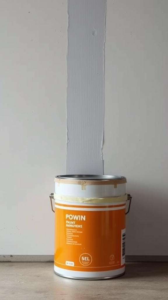A can of paint next to a wall with a vertical stripe of paint, demonstrating the use of rubber bands for straight lines.