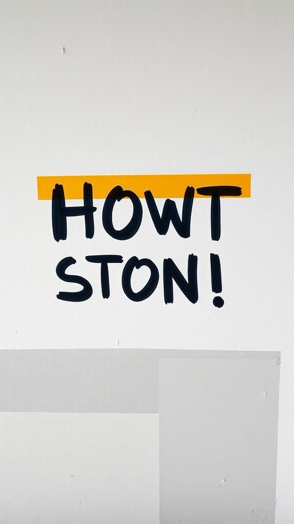 An image of a wall with painter's tape and black lettering.