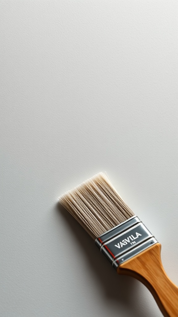A close-up of a paintbrush with a wooden handle, set against a smooth, light-colored surface.