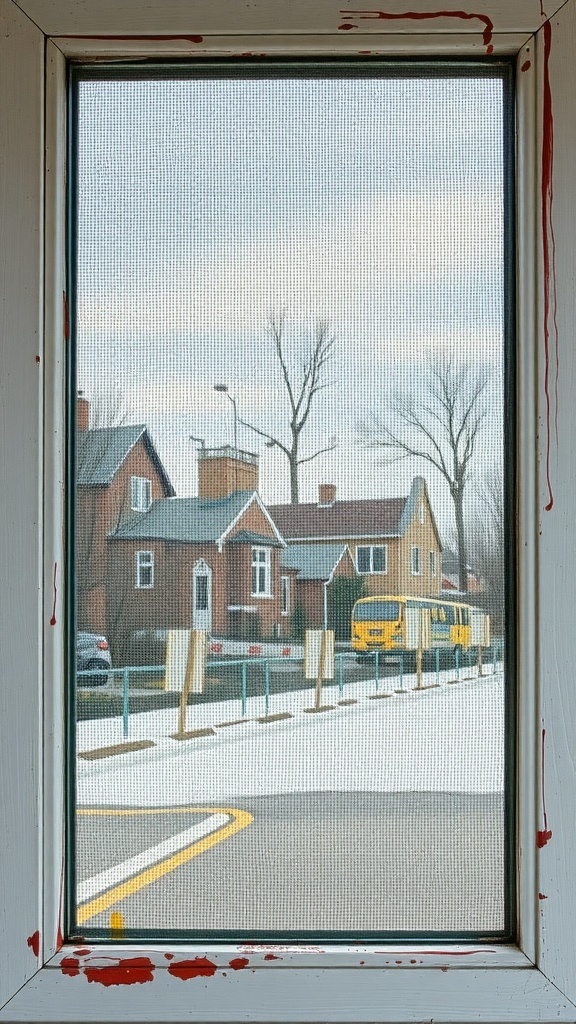 A view through a window screen showing houses and a street.