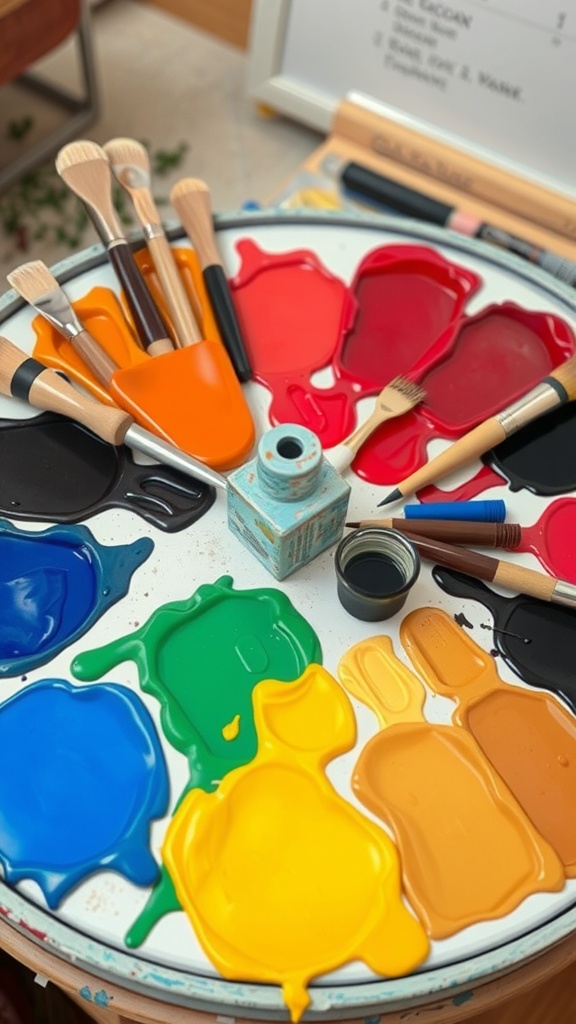 A Lazy Susan with various paint colors and brushes arranged for easy access