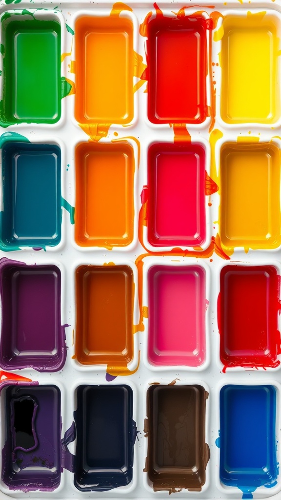 An ice cube tray filled with various vibrant paint colors, showcasing a range of shades for mixing.