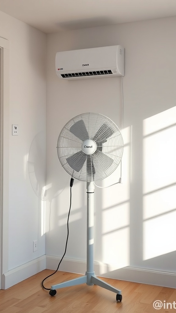 An image of a standing fan next to a wall-mounted ventilation unit in a room.