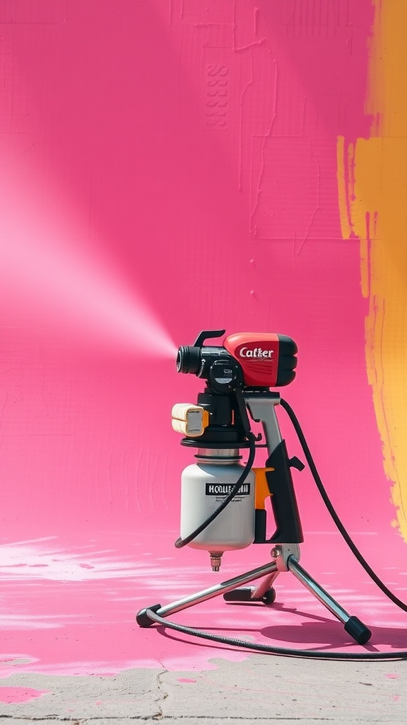 A paint sprayer positioned against a bright pink wall, demonstrating its versatility for quick painting jobs.