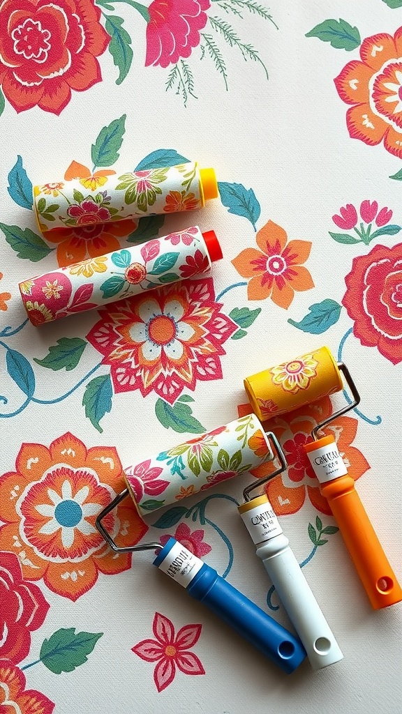 A set of colorful rubber roller brushes on a floral patterned wall decoration.