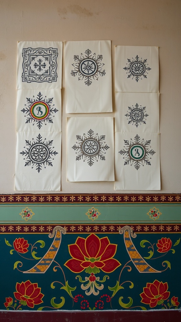 A display of various stencils with intricate patterns on white paper, mounted on a wall above a colorful painted surface.