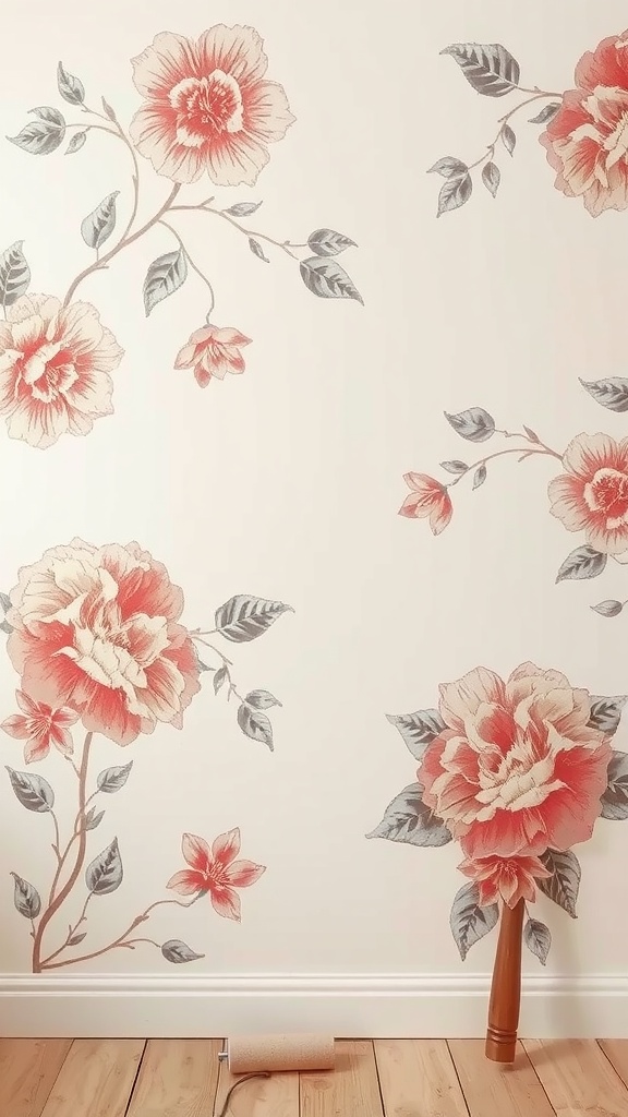A wall featuring vintage floral motifs with soft pastel colors, a decorative roller at the bottom.