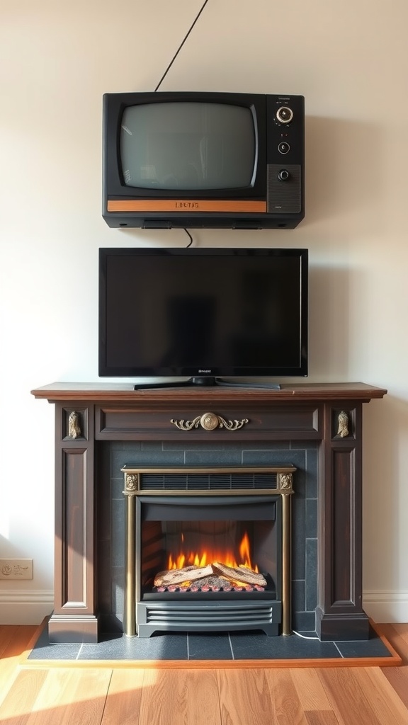 Vintage inspired mantel design featuring an electric fireplace and retro TV above it.