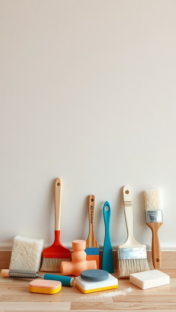 An assortment of wall prep tools including brushes, rollers, sponges, and scrapers arranged neatly.