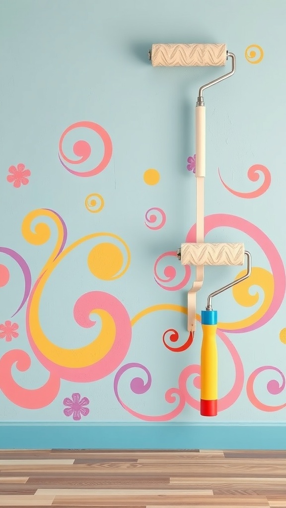 Decorative rollers and colorful swirl patterns on a light blue wall