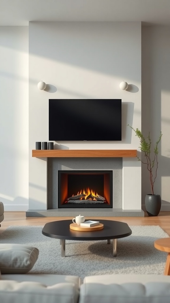 A zen-inspired living space featuring an electric fireplace, mounted TV, and cozy furniture arrangement.